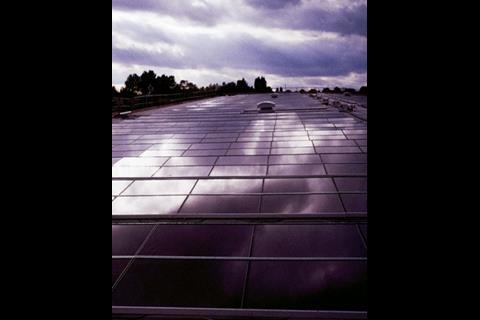 Thin-film solar photovoltatics at Birmingham’s Alexander Stadium, installed by Solarcentury.